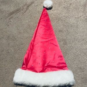 Women’s Christmas Santa hat, pink with white faux fur and rhinestone details